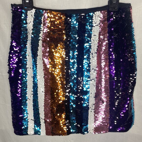 JUN & IVY Skirt Sequin Striped Mini Vibrant Party Fully Lined Rainbow Womens L - Picture 3 of 11